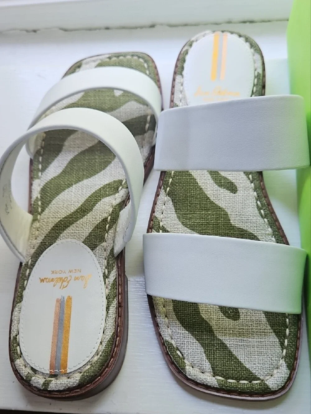 Sam Edelman White Triple-Strap Slides with Olive Zebra Insole